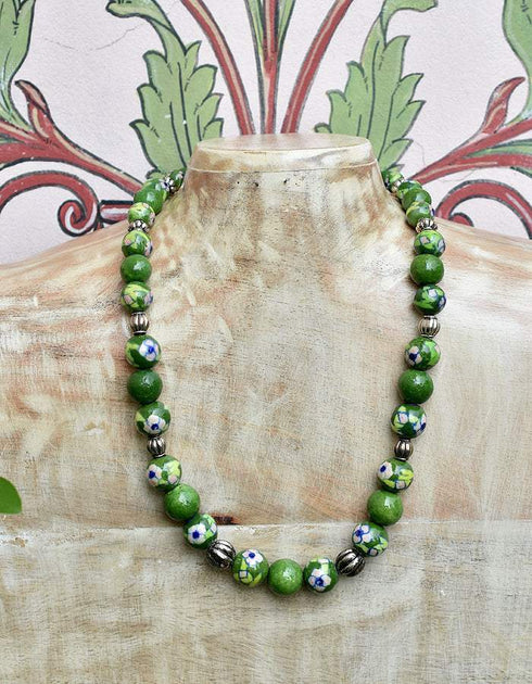 Full Blue Pottery Bead Long Necklace (Green)